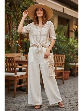 Michael Kors Womens Small Striped Metallic Button-Up Shirt Beige Gold Pink Gold